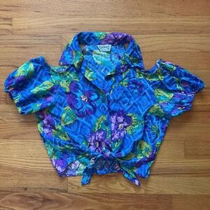 Vintage Hawaiian Tie Front Cropped Shirt Cold Shoulder 80s Retro Pinup Size S
